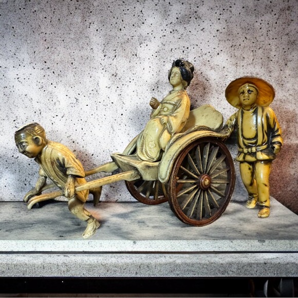 VINTAGE 1970s CELLULOID PLASTIC/JAPANESE RICKSHAW FIGURINES - Picture 1 of 11